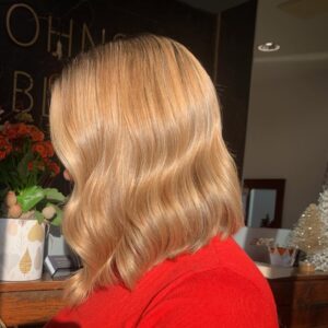 Warm biscuit blonde hair colour Hertford Harpenden Salons